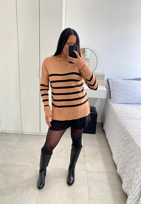 Blusa Tricot Over Listras Bege Feminino