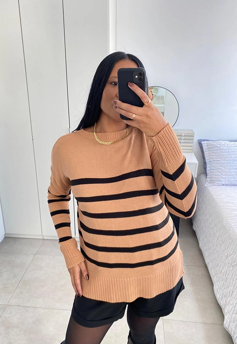 Blusa Tricot Over Listras Bege