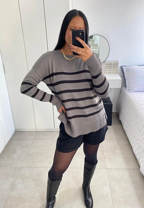 Blusa Tricot Over Listras Cinza Feminino