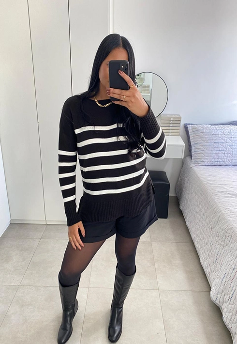 Blusa Tricot Over Listras Preto Feminino