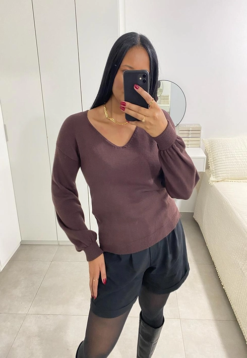 Blusa Tricot Gola V Mousse Marrom Café Feminino