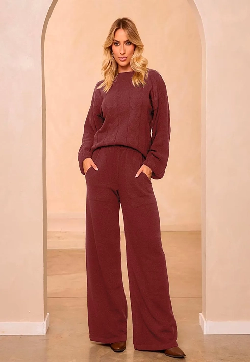 Conjunto Tricot Fio Mousse Trança Marsala Feminino