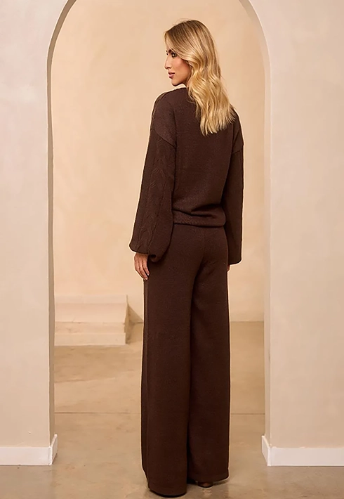 Conjunto Tricot Fio Mousse Trança Marrom