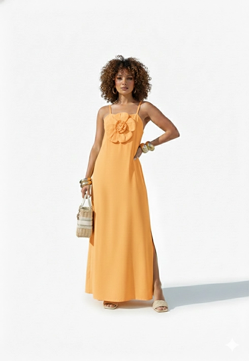Vestido Alça Regulável Flor Laranja Feminino