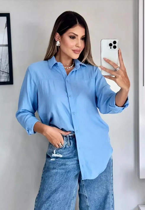 Camisa Básica Over Ianca Azul Feminino