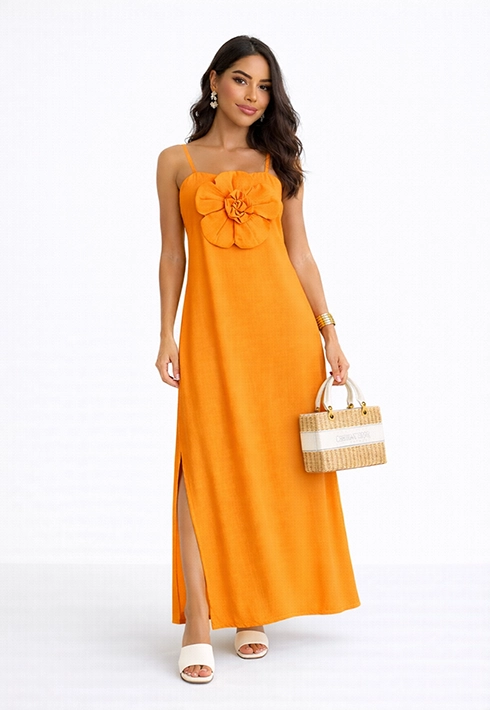 Vestido Alça Regulável Flor Laranja