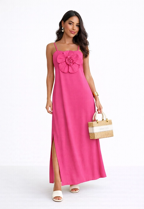 Vestido Alça Regulável Flor Rosa Feminino