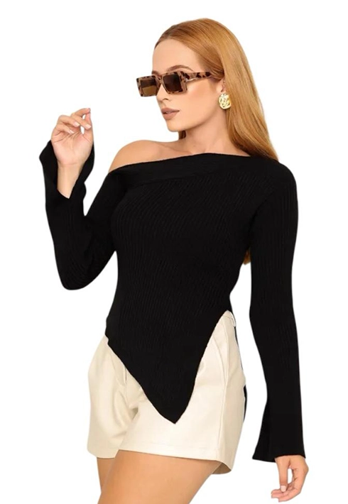 Blusa Tricot Assimétrica Ari Preta Feminino