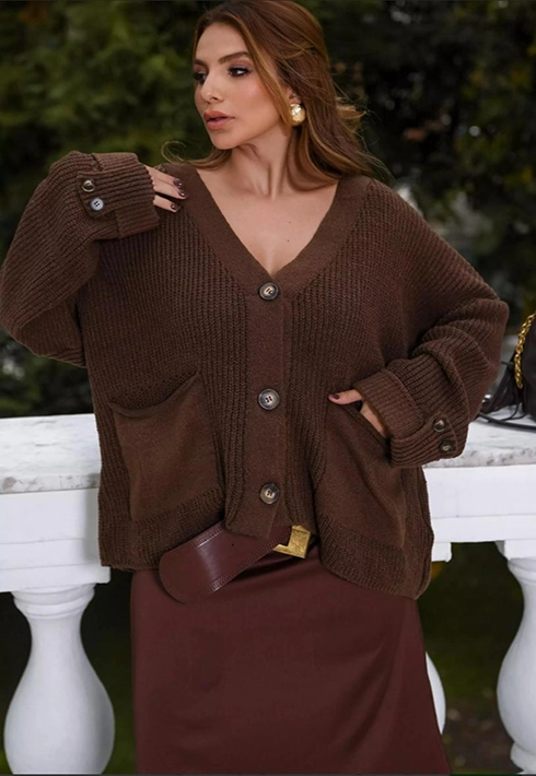 Casaco Tricot Mousse Botões Marrom Feminino
