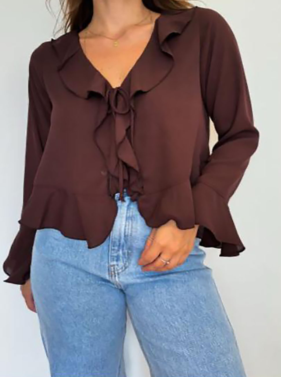 Blusa Babado Manga Marrom Feminino