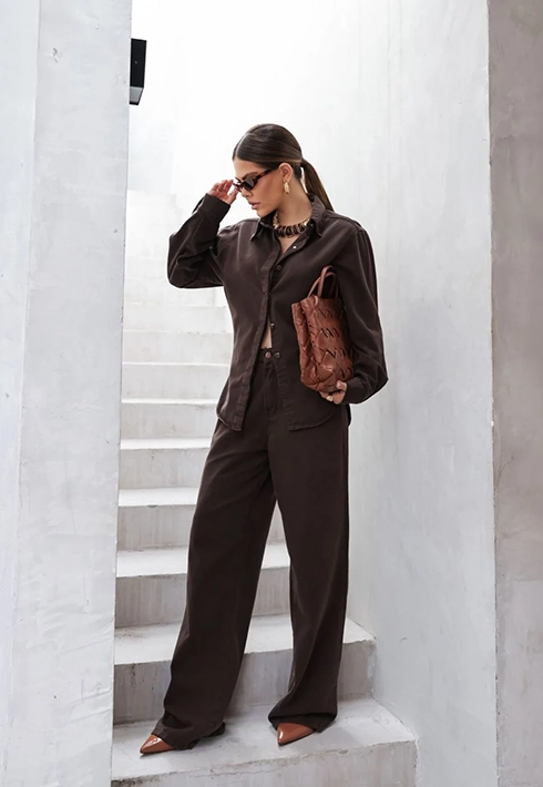 Calça Wide Leg Jeans Marrom