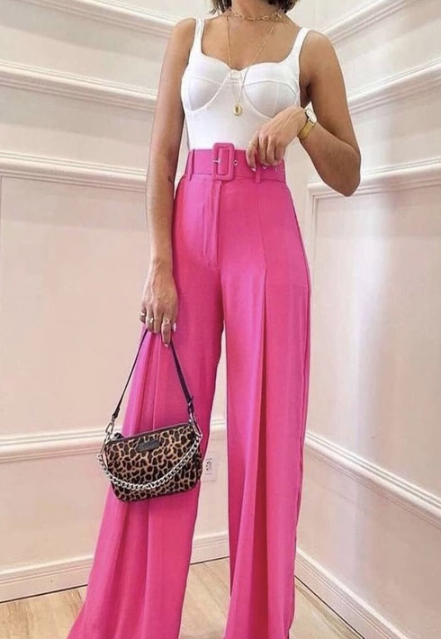 Calça Pantalona Crepe Cinto Pink