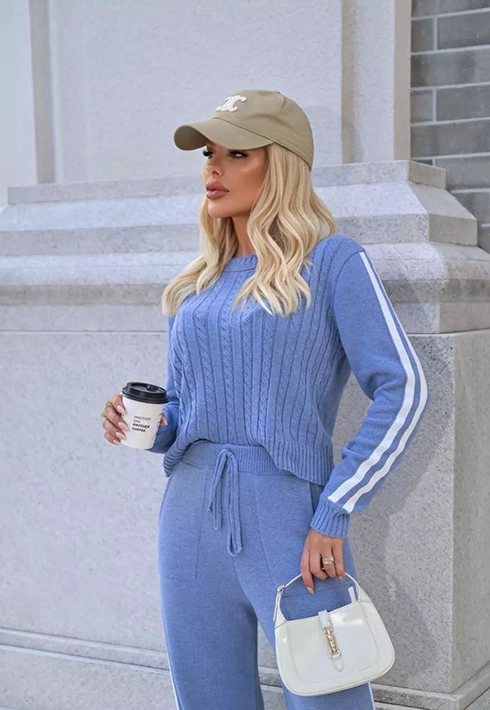 Conjunto Tricot Listras Laterais Azul
