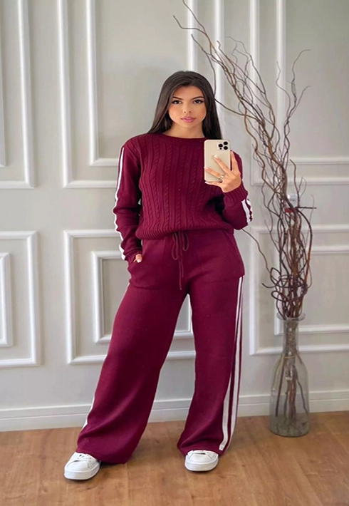 Conjunto Tricot Listras Laterais Bordô