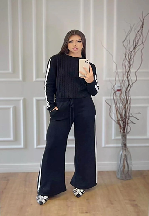 Conjunto Tricot Listras Laterais Preto Feminino