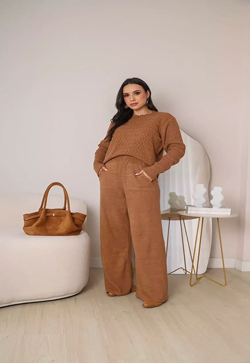 Conjunto Tricot Trançado Bege Escuro Feminino