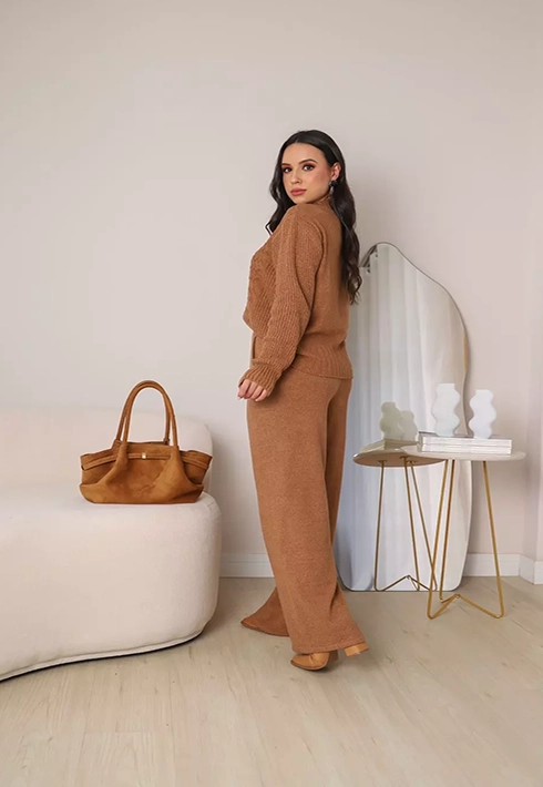 Conjunto Tricot Trançado Bege Escuro