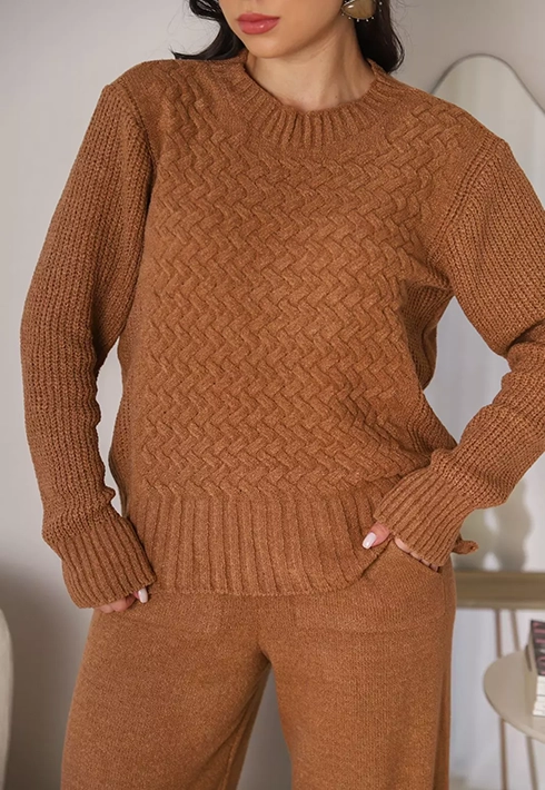 Conjunto Tricot Trançado Bege Escuro