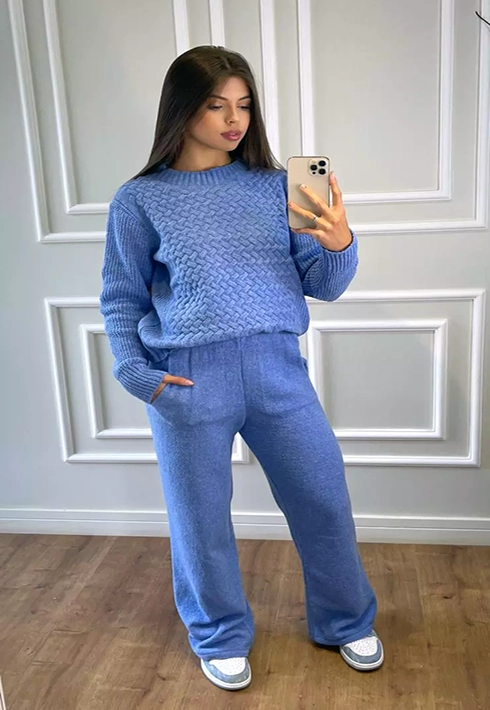 Conjunto Tricot Trançado Azul Jeans Feminino