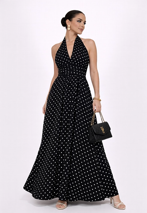 Vestido Longo Poá Preto Frente Única