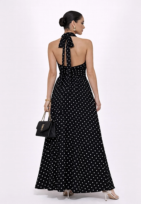 Vestido Longo Poá Preto Frente Única