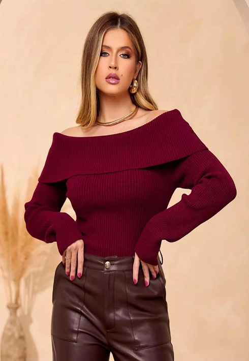 Blusa Tricot Ombro a Ombro Bordô