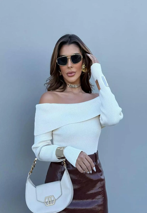 Blusa Tricot Ombro a Ombro Off White