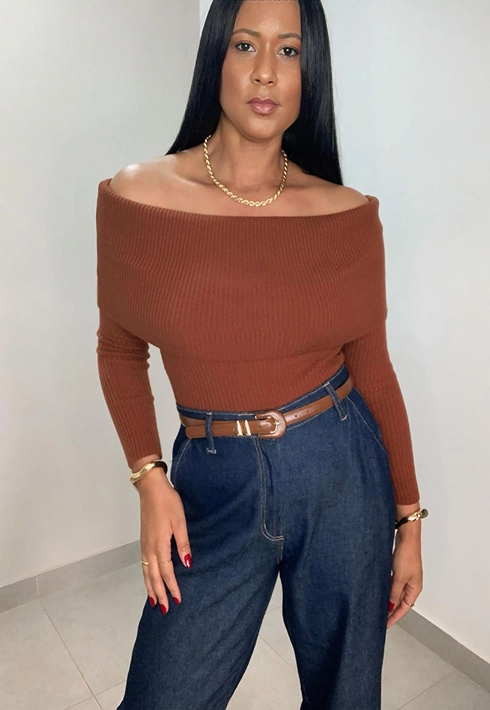 Blusa Tricot Ombro a Ombro Terra